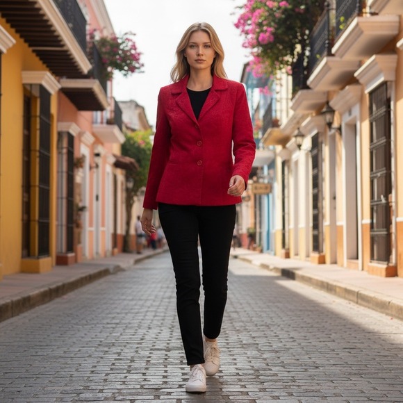 Dana Buchman Jackets & Blazers - Dana Buchman Petite Red Jacquard Blazer Jacket Button Front Textured Women